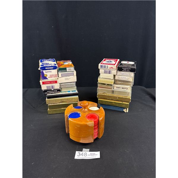Large Lot of Collectible Playing Cards and Poker Chips in Holder