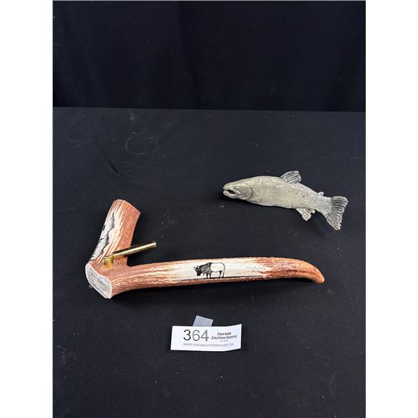 A Nice Elk Antler Art Piece and Chinook Salmon Nicely Carved