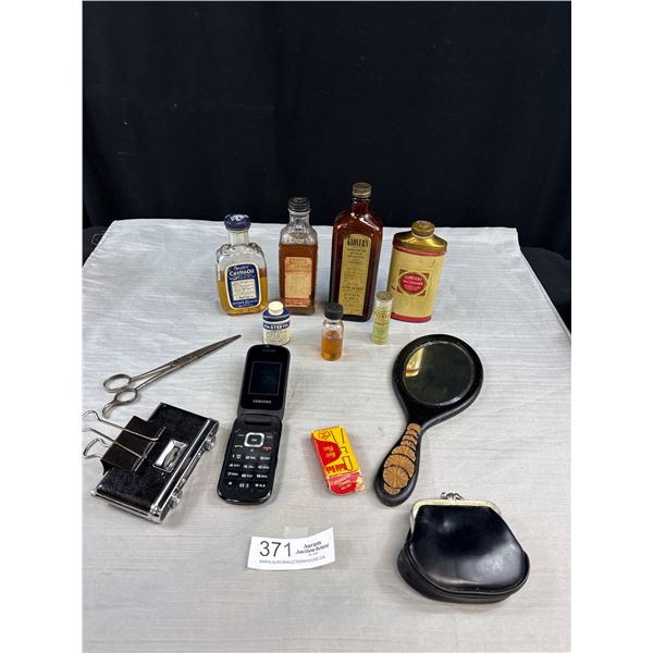 Vintage Collectible Lot of Old Bottles, Tins Cellphone, Change Purse Filled w/ Pennies etc