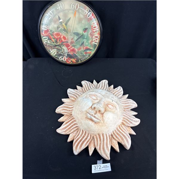 Concrete Sun Patio Wall Plaque w/ Hummingbird Thermometer 14" Diameter