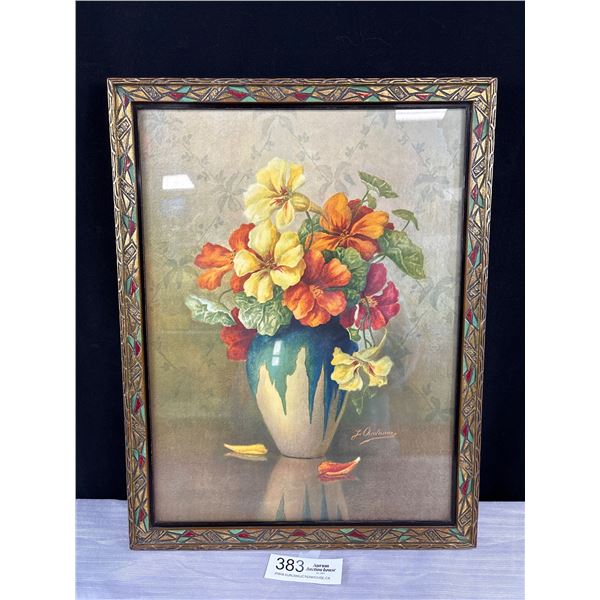 Very Nice 20th Century Floral Still Life Painting Featuring Orange and Yellow Flowers in a Green Gla