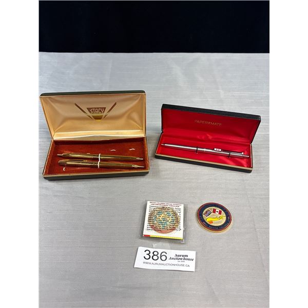 A BC Law Enforcement Challenge Coin + Vintage Pens In Cases