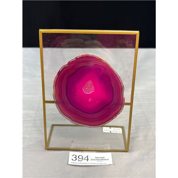 Very Nice Pink Agate Slice On Display Stand