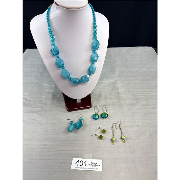 Vintage Aqua Blue Chunky Necklace w/ Matching Earrings and Other Earrings