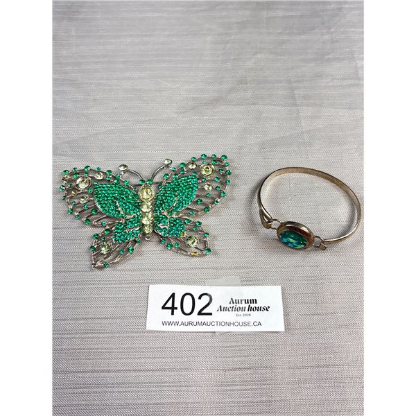 Very Nice Large Vintage Butterfly Broach and Silver Tone Bracelet
