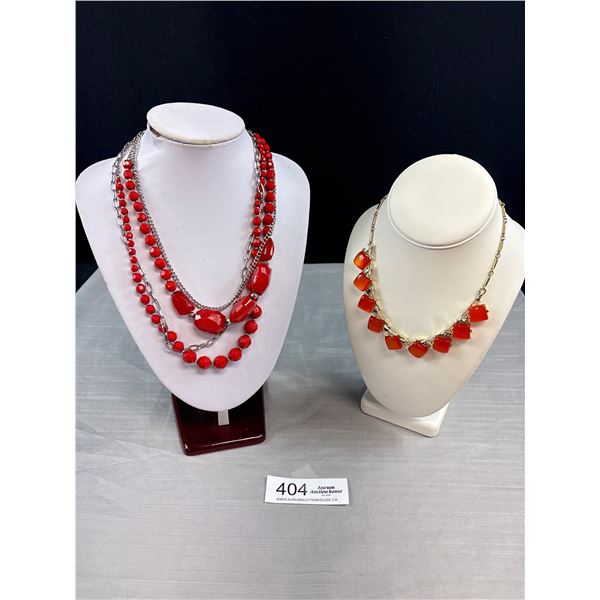 Very Nice 3 Layered Chunky Red Necklace + Red Glass Stone Necklace