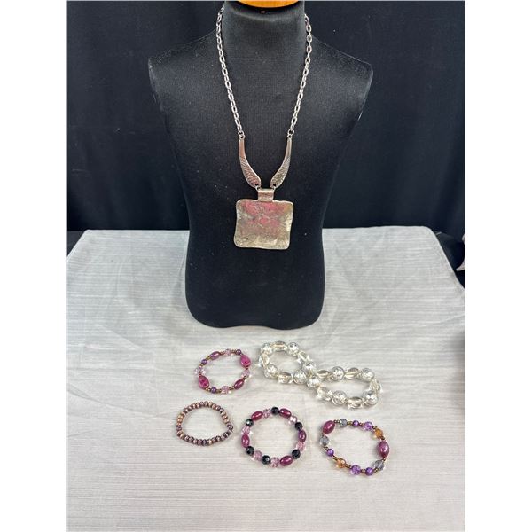 Very Nice Large Silver Tone Pendant Necklace and Bracelets