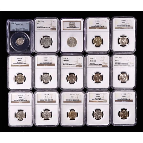 Collection Of (15) Graded Quarters, Dimes, & Nickels, 1935-1950,
