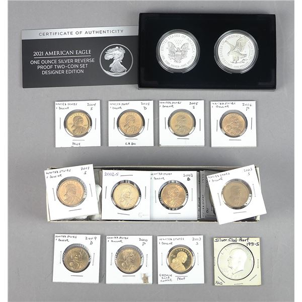 2021 Ounce Silver Eagles Reverse Proof Two-Coin Set and lot of modern Dollars.,