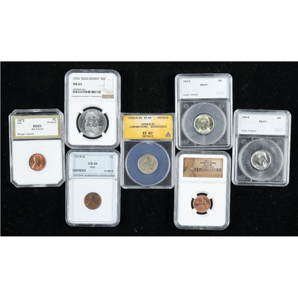 Assortment of encapsulated Coins, including 1918-S Lincoln Cent.,