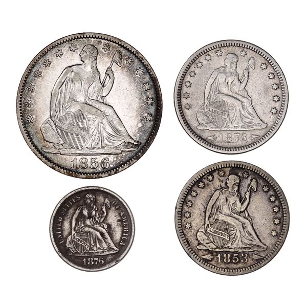 Quartet of Seated Liberty types: 1856 Half Dollar, 1853 arrows & rays, 1873 arrows Quarters and 1876