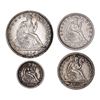Image 1 : Quartet of Seated Liberty types: 1856 Half Dollar, 1853 arrows & rays, 1873 arrows Quarters and 1876