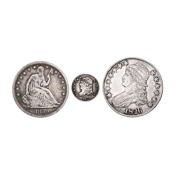Capped Bust Pair: 1826 Half Dollar, 1832 Half Dime, also 1859 Liberty Seated Half Dollar.,