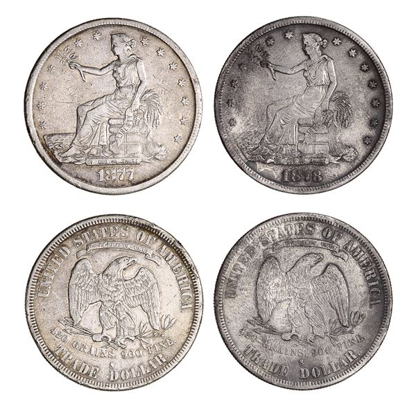 Pair of Trade Dollars, 1877-S, 1878-S.,