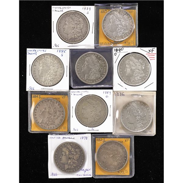 Lot of (10) Circulated Morgan Dollars, 1878-1890,