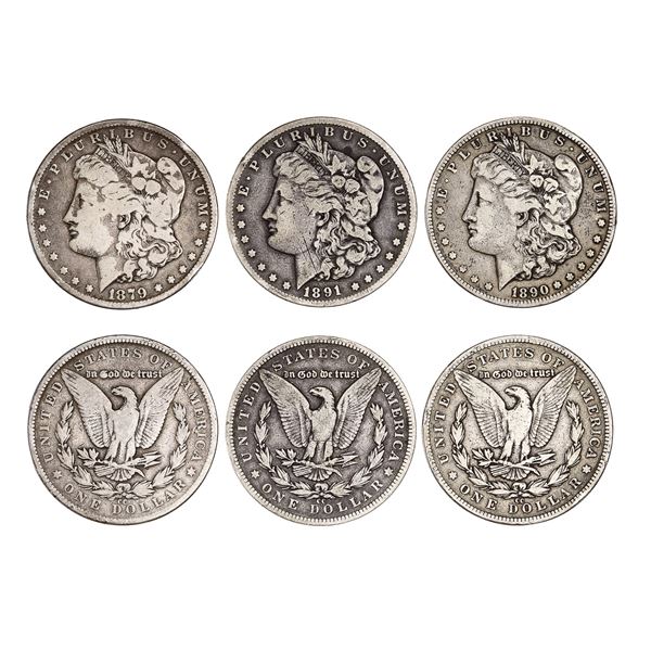 Trio of Carson City Morgan Dollars: 1879-CC, 1890-CC, 1891-CC.,