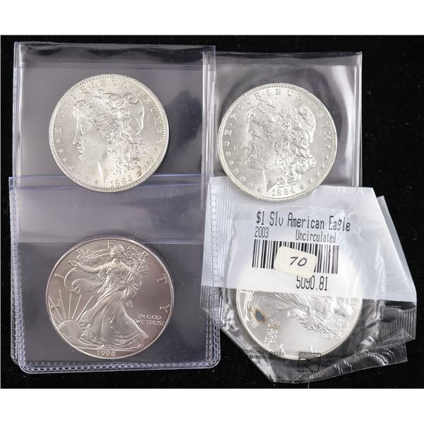 Quartet of 1884-O Morgan Dollars and Silver Eagles,