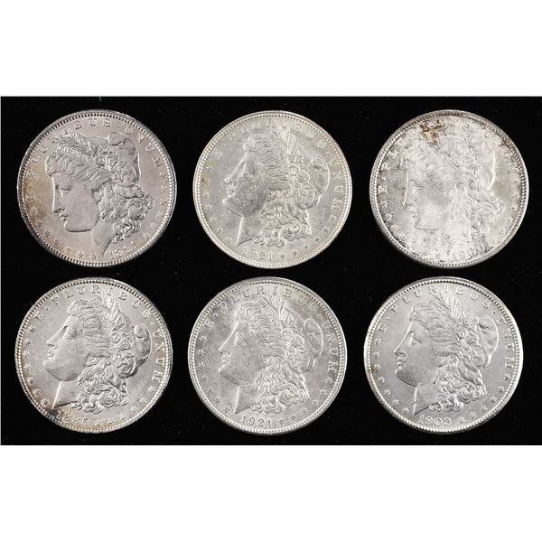 Group of Morgan Dollars: 1885, 1891, 1900, 1902-O, 1921 (2).,