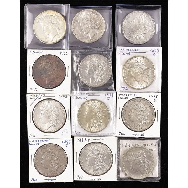 A Dozen Morgan and Peace Dollars, 1897-1926.,
