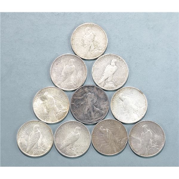 Lot of circulated Peace Dollars, 1922-1934.,