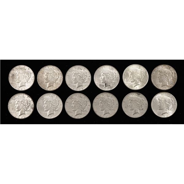 A Dozen circulated Peace Dollars, 1922-1928 S.,