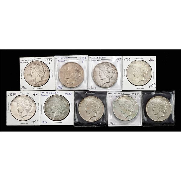1927-1935 S Peace Dollars, complete save for the 1928.,