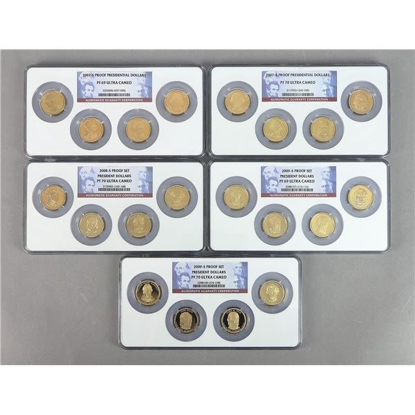 2007-S, 2008-S and 2009-S NGC-graded Presidential Proof Dollar Sets.,