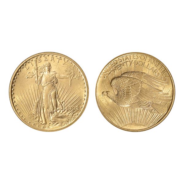 1908 $20 Saint Gaudens No Motto ANACS MS63