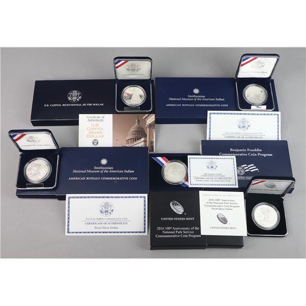 Group of (5) Modern Commemorative Silver Dollars In OGP.