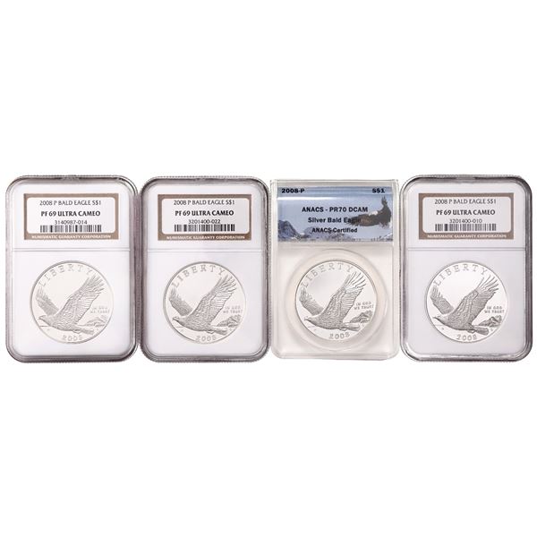 Group of (4) 2008-P $1 Bald Eagle Proof Silver Dolalrs (1) ANACS PR70 DCAM & (3) NGC PF69 Ultra Came