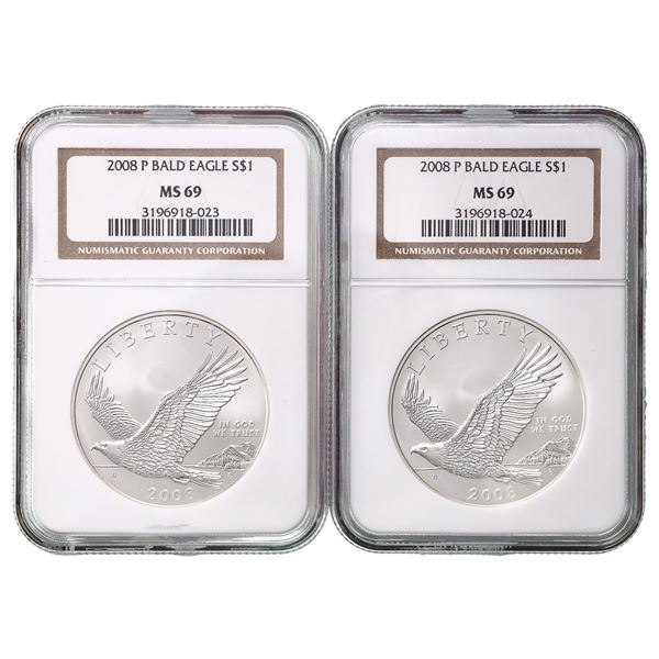 Group of (2) 2008-P Bald Eagle Silver Dollars NGC MS70