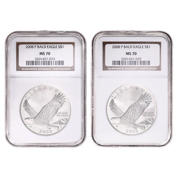 Group of (2) 2008-P Bald Eagle Silver Dollars NGC MS70