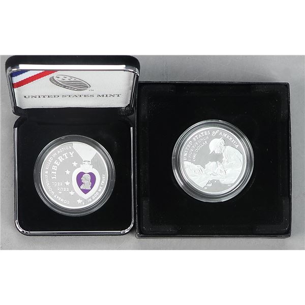 Group of (2) 2022 National Purple Heart Hall Of Honor Silver Proof Dollars Including (1) Colorized.