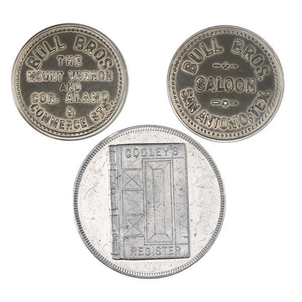 Texas. San Antonio. Trio of late 19th-early 20th Century Tokens, Bull Bros., Cooley's.,