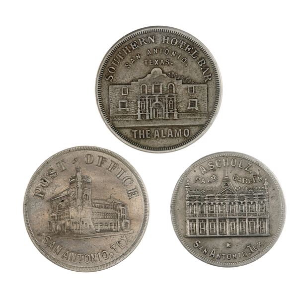 Texas. San Antonio. Trio of late 19th-early 20th Century pictoral Tokens, Scholz, Southern Hotel Bar
