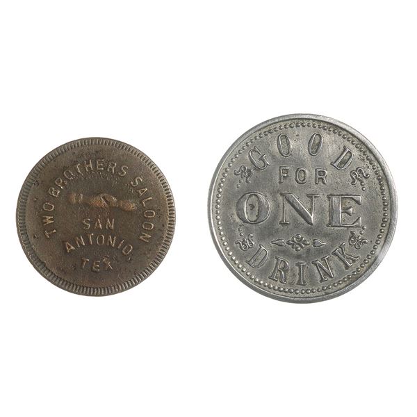 Texas. San Antonio. Two Brothers Saloon. Pair of 1880's Pictoral Tokens.,