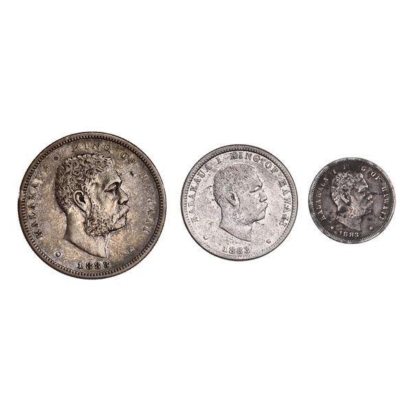 Hawaii. Kalakaua (1874-1891). 1883 Dime, Quarter (Hapaha) and Half (Hapalua) Dollar.,