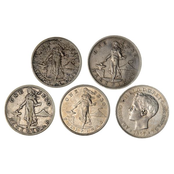 Philippines. Alfonso XIII-U.S. Administration. Quintet of Silver Pesos, 1897-1911.,