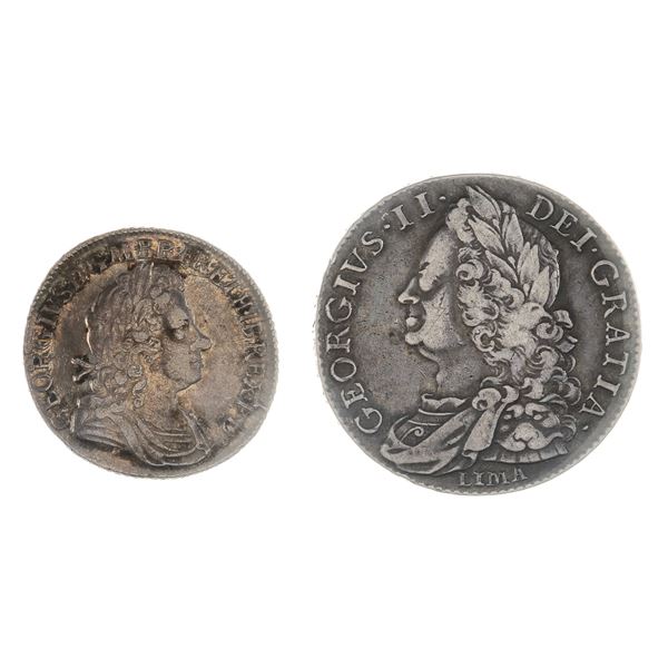 Great Britain. George I-George II. Pair of special silver issues, 1723 SSC Shilling, 1746 Lima Halfc