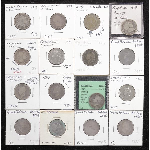Great Britain. George III-William IV. Group of Silver Shillings, 1816-1837.,