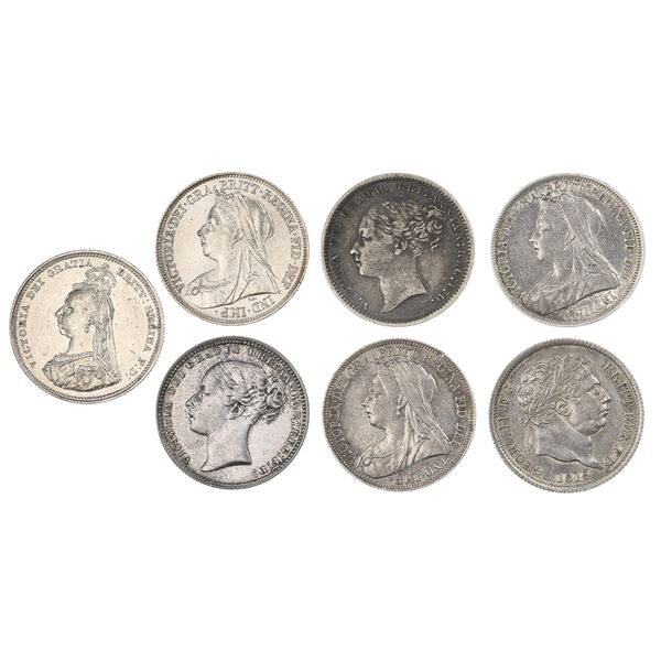 Great Britain. George III-Victoria. Septet of Silver Shillings, 1816-1901.,