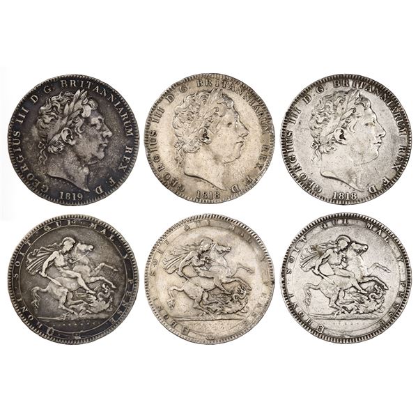 Great Britain. George III (1760-1820). Trio of Silver Crowns, 1818 (LVIII and LIX) and 1819.,