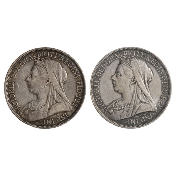 Great Britain. Victoria (1837-1901). Varietal pair of Silver Crowns, 1893.,