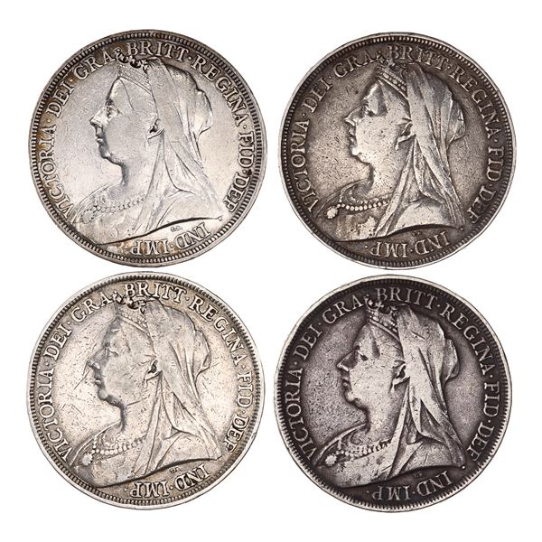 Great Britain. Victoria (1837-1901). Quartet of Silver Crowns, 1895, 1896 (LIX and LX), 1897.,
