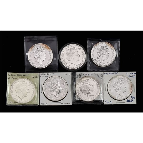 Great Britain. Elizabeth II (1952-2022). Group of (7) Fine Silver Britannia 2 Pounds, 2012-2018.,
