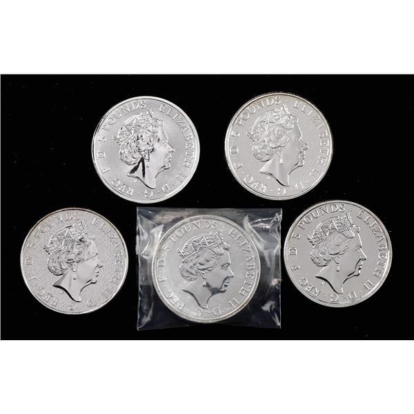 Great Britain. Elizabeth II (1952-2022). Quintet of Fine Silver Queen's Beasts 5 Pounds, 2016-2018.,