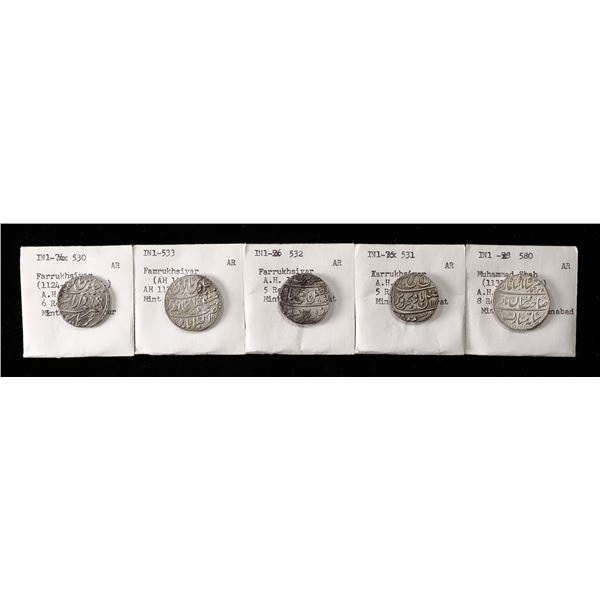 India Mughal Empire. Quintet of Silver Rupees of Farrukhsiyar (AH 1124-1131/1713-1719 AD) and Muhamm