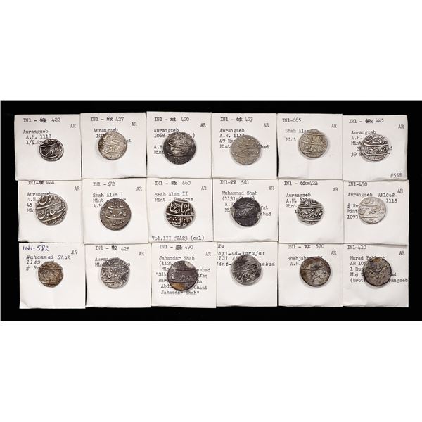 India. Mughal Empire. Aurangzeb-Shah `Alam II. Large lot of Silver Rupees and Half Rupees.,