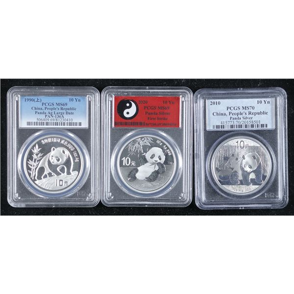 China. People's Republic. Trio of PCGS-graded Silver 10 Yuan Pandas: 1990, 2010, 2020,