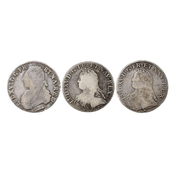 France. Louis XV-Louis XVI. Trio of Silver Ecus, 1726 K, 1730 H, 1779 (cow).,